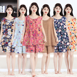女士无袖 大码 短裤 薄款 凉感透气人造棉家居服 绵绸睡衣夏季 棉绸套装