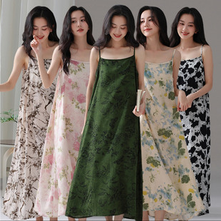 睡衣女士夏天过膝长裙人造棉家居服 吊带睡裙女款 夏季 薄款 棉绸无袖