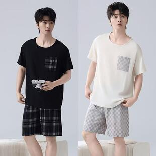 绵绸睡衣男款夏季薄款短袖短裤棉绸套装中年爸爸夏装人造棉家居服