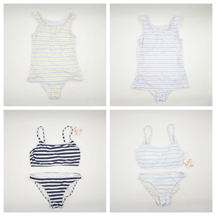 原单出口日本女士学生大童保守背心速干比基尼分体条纹彩色游泳衣