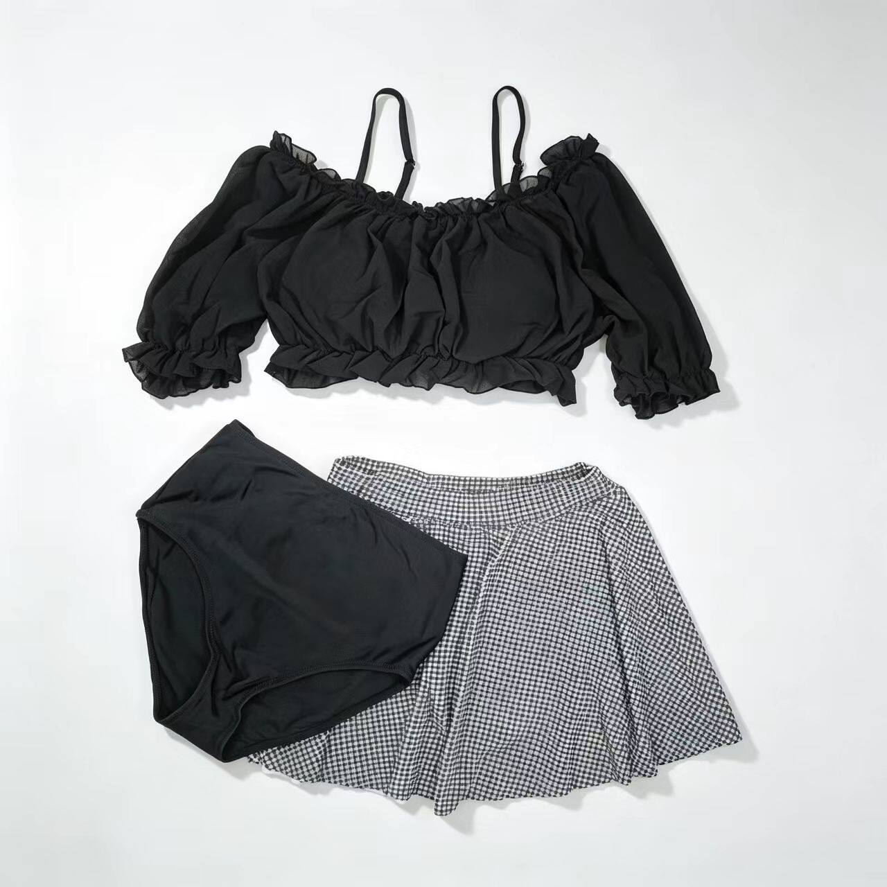 温泉女士游泳衣吊带泡泡袖保守分体泳衣荷叶边性感裙式三件套泳装