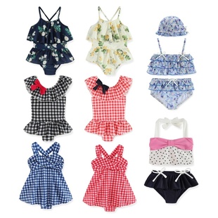 出口日本PM女童连体格子蝴蝶结温泉可爱泳衣比基尼儿童游泳衣偏小