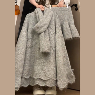 2026新款灰色针织毛衣套装连衣裙子女秋冬季穿搭小个子短裙高级感