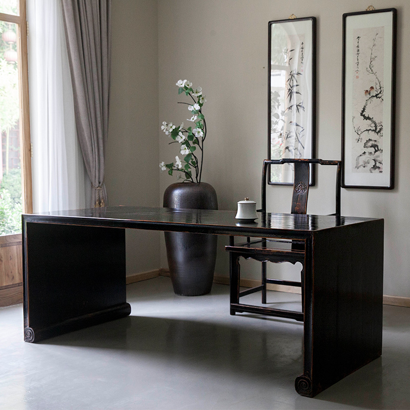 彩漆中式家具实木仿古画案手做旧