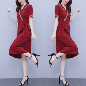 RM7371#新款复古醋酸旗袍改良版V领收腰显瘦气质大裙摆连衣裙