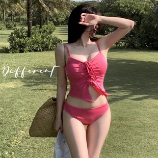 bikini泳衣女士绝美纯色简约性感分体比基尼绑带多巴胺显白度假