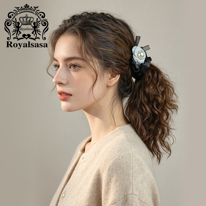 皇家莎莎法式高级感发圈仿珍珠点缀山茶花大肠圈扎马尾丸子头发饰