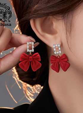 皇家莎莎气质红色蝴蝶结耳环女设计感小众耳坠S925银针潮新年耳饰