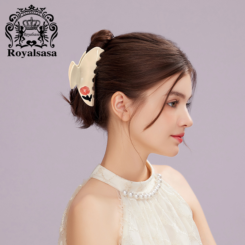 皇家莎莎小红花发抓奶白色抓夹优雅气质盘发高马尾半扎发夹子头饰