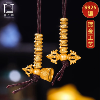 S925纯银镀金计数器铃杵雕花手链108手串西藏式可手按拨吊坠