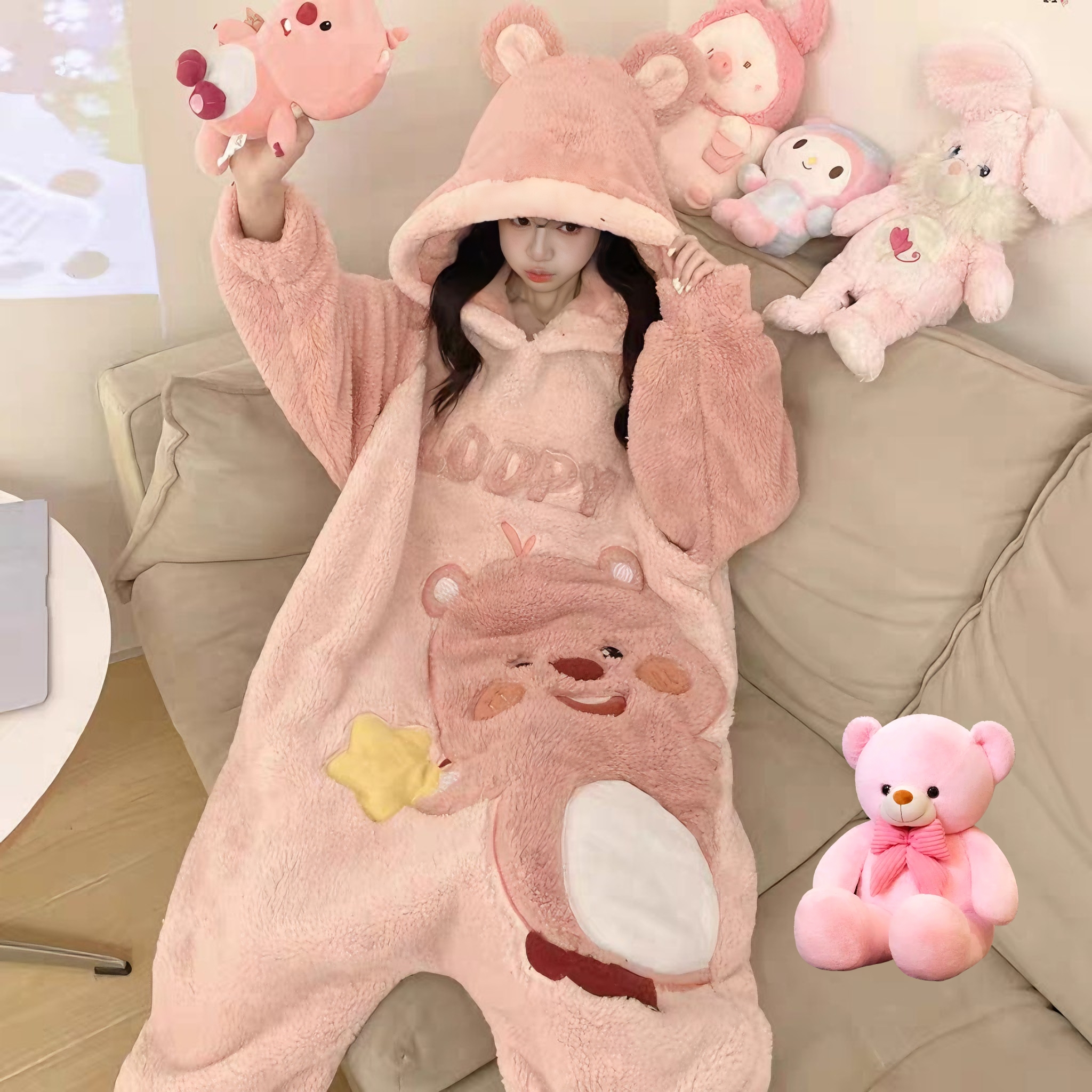 新款可爱小浣熊猫毛绒睡袍女秋冬季珊瑚绒睡衣加厚绒连体衣家居服