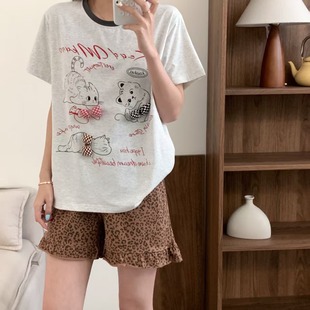 夏款 可爱卡通蝴蝶结小猫咪性感豹纹短袖 短裤 家居服套装