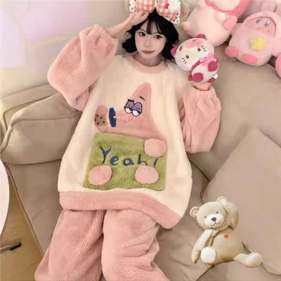 新款女生珊瑚绒睡衣冬季加厚法兰绒大码卡通学生圆领家居服套装