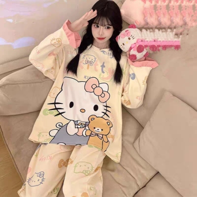 hellokitty睡衣女生纯棉春秋款长袖长裤加大码青少年学生家居服