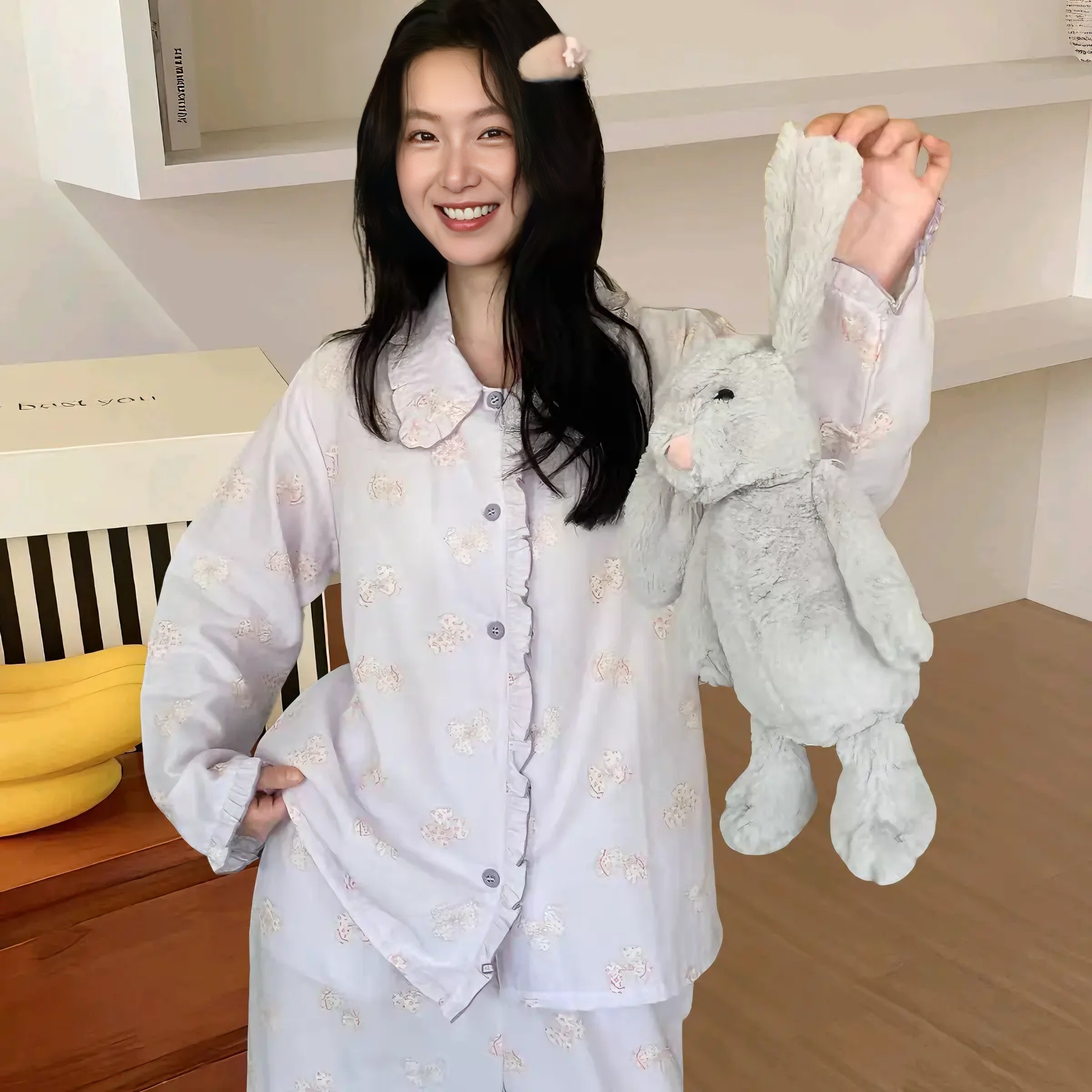 娃娃领睡衣韩版睡衣套装女小清新纯棉双层纱透气开衫两件套家居服