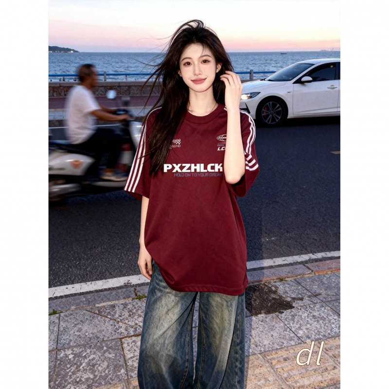 纯棉夏季中长款三条杠短袖t恤女