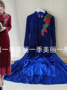 中长款复古风金丝绒旗袍