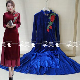 金丝绒旗袍秋款新款中式改良奥黛旗袍连衣裙中长款复古旗袍裙