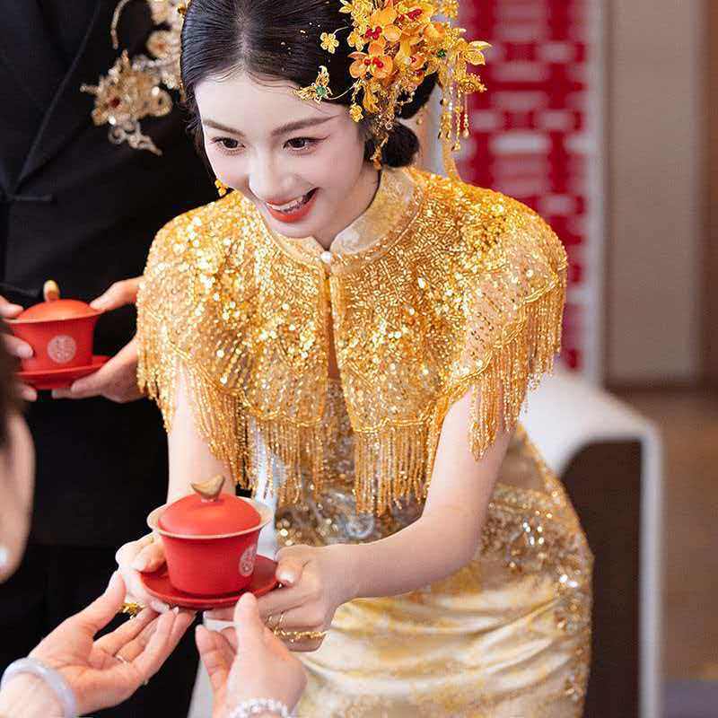 秀禾披肩重工新中式金色旗袍流苏云肩敬酒服新娘订婚礼服外搭亮片