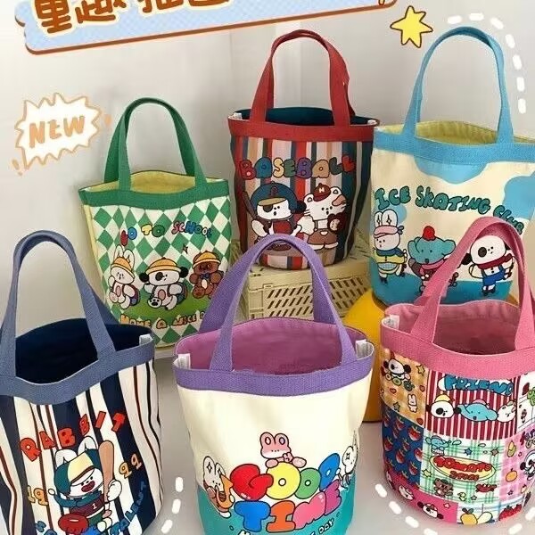 可爱插画水桶手提韩风少女心妈咪便当袋上班小拎包童趣涂鸦帆布包
