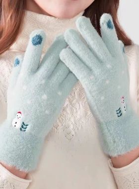 手套冬季女可爱加绒加厚冬天骑车保暖防风针织毛线可触屏防寒毛绒