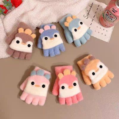 冬季儿童分指手套小孩可爱保暖女童男童加绒毛线半指针织手套学生