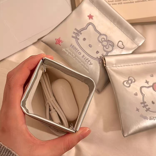 自动闭合弹片可爱KT猫咪收纳包PU皮防水便携口红数据线旅行收纳袋