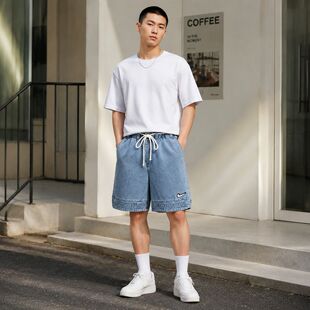 正品NIKE耐克男浅蓝宽松透气抽绳复古休闲五分牛仔短裤HV1914-436