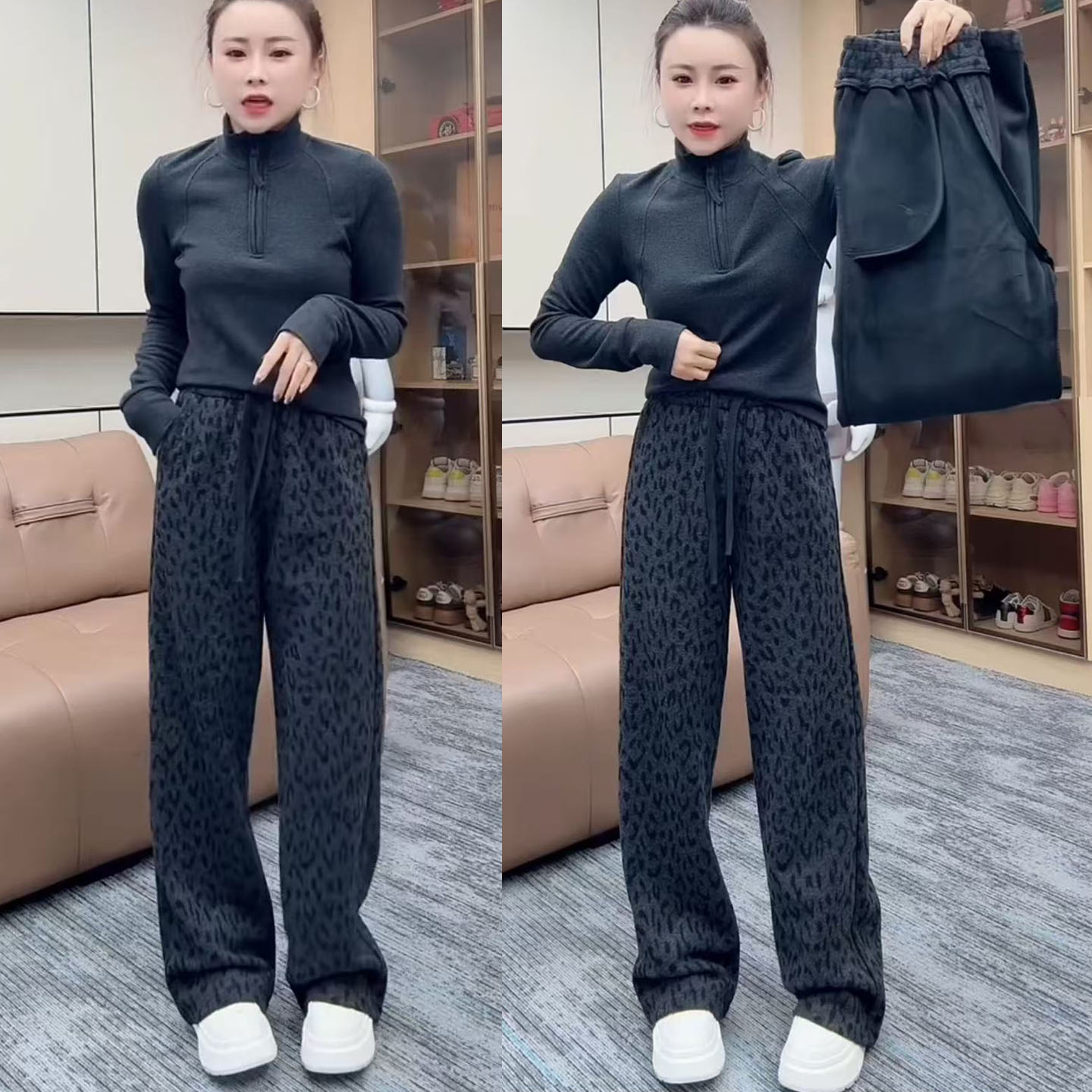 欧货加绒加厚豹纹休闲长裤女冬季