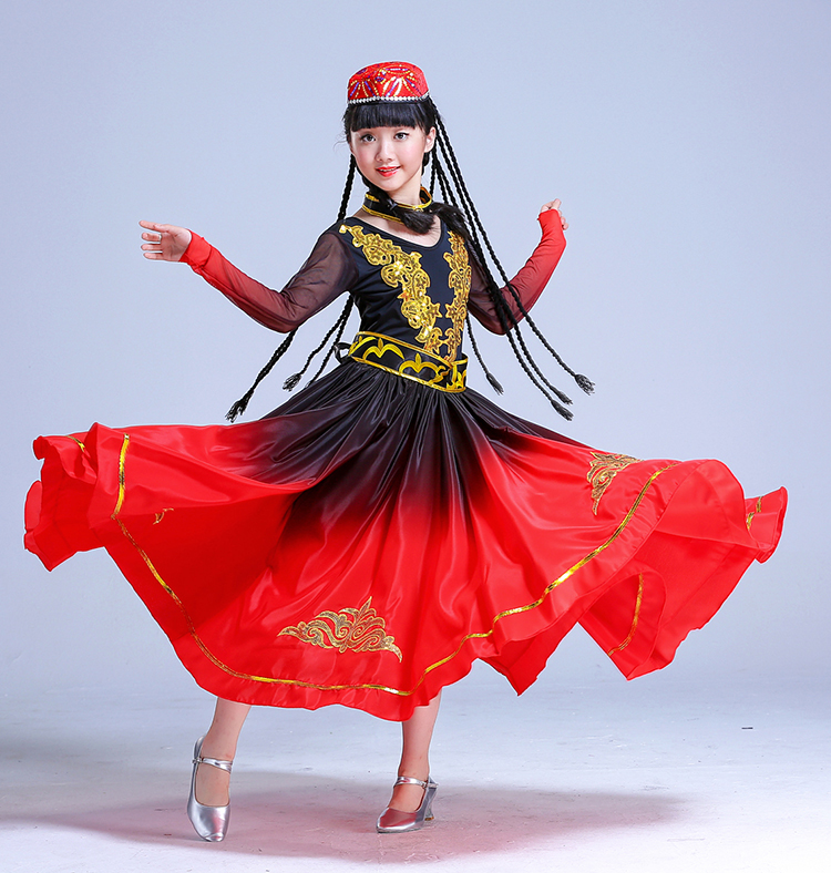 新款兒童新疆維吾爾族少數(shù)民族舞蹈服大擺裙女童少兒開(kāi)場(chǎng)舞表演服