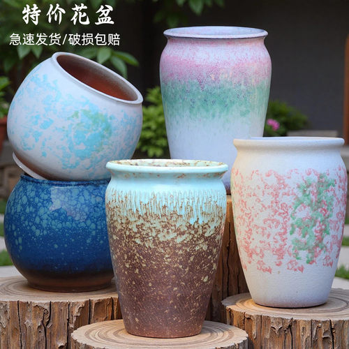 手工粗陶透气高筒陶瓷花盆绿植盆