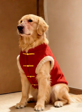 新年中式唐装宠物服新年红色中式狗狗外套毛绒加绒加厚金毛保暖衣