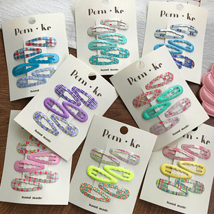 新款pom pom发夹女边夹侧边格纹甜美碎花儿童bb夹韩国掰掰夹发卡