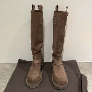 方圆同款厚底骑士靴2023新款圆头粗跟复古高筒靴百搭不过膝长筒靴