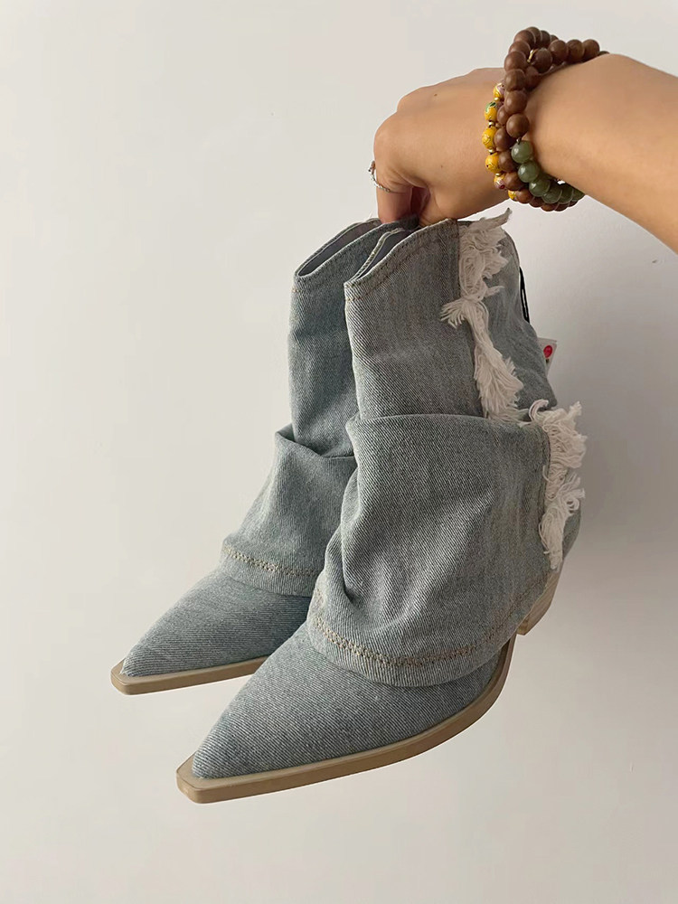 EUROPEAN AND AMERICAN TASSEL WESTERN COWBOY BOOTS WOMENS 2024 NEW POINTED TOE BLOCK HEEL RETRO TROUSER BOOTS SLEEVE BOOTIE KNIGHT BOOTS