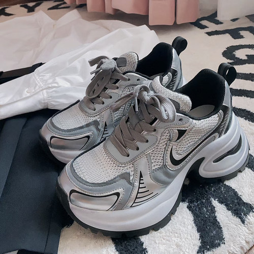 赵露思同款网面系带银色老爹鞋女