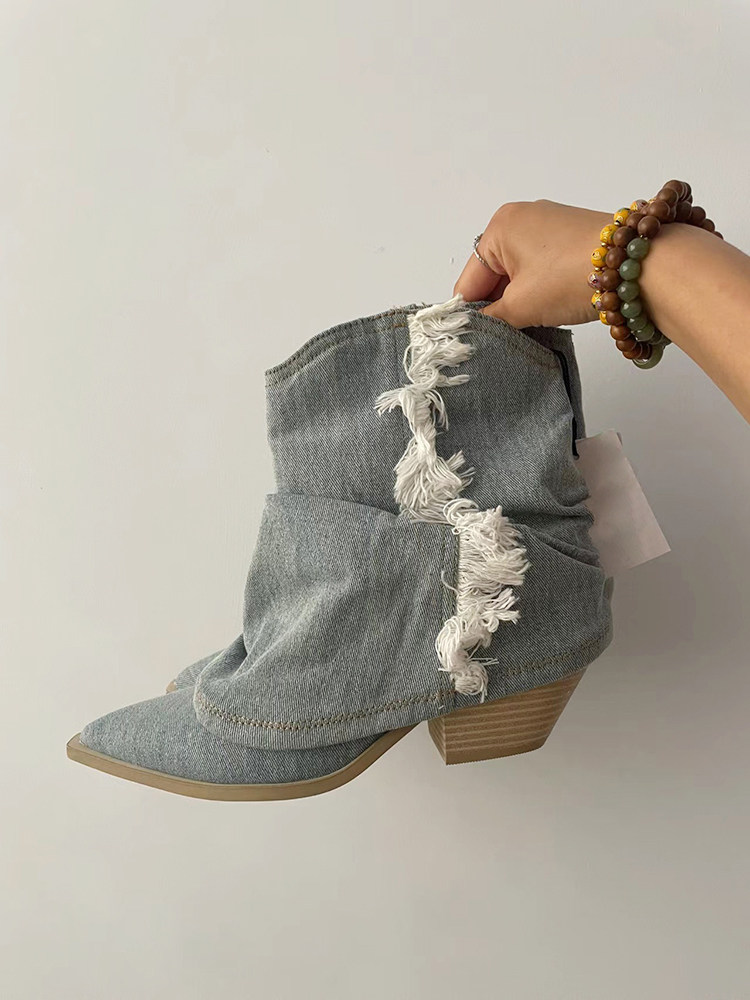 EUROPEAN AND AMERICAN TASSEL WESTERN COWBOY BOOTS WOMENS 2024 NEW POINTED TOE BLOCK HEEL RETRO TROUSER BOOTS SLEEVE BOOTIE KNIGHT BOOTS