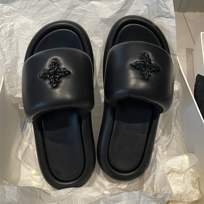 李菲儿同款厚底十字花黑气球拖鞋