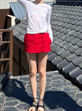 【正确版现货】THE SHY100%亚麻红色假日短裙裤女防走光夏日新款