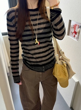 【现货】R*P羊驼毛羊毛下摆假门襟薄暖羊毛衫微透视条纹针织衫女