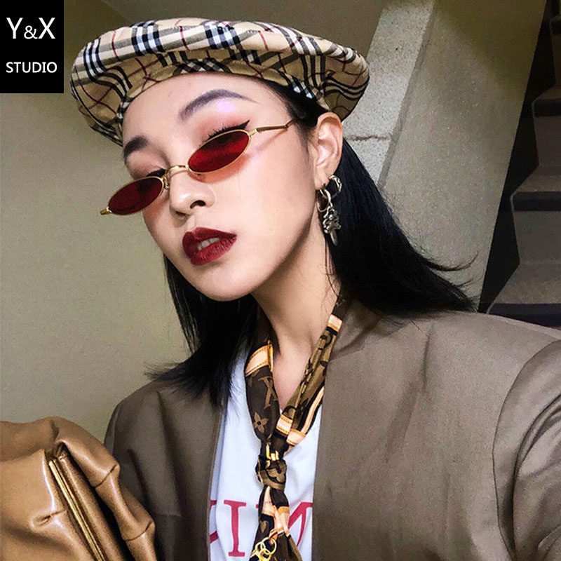网红封帆同款椭圆形小框红色墨镜女潮复古嘻哈个性小脸太阳眼镜男