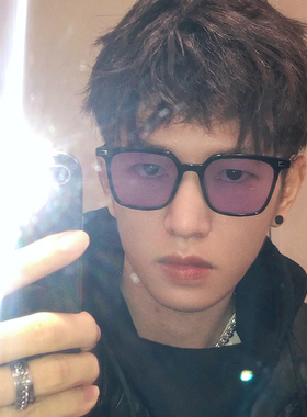 韩国明星太阳镜透明紫色镜片方框复古街拍小红书潮人墨镜个性嘻哈