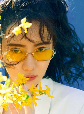 2024新款原宿风欧美ins窄框墨镜女网红韩版黄色多边太阳镜ulzzang