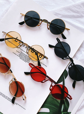 金属小圆框复古墨镜原宿红色片太阳眼镜潮凹造型男女嘻哈风太子镜