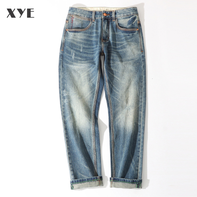 赤耳丹宁锥形九分牛仔裤男