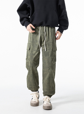 美式潮牌休闲迷彩工装长裤2025秋季宽松松紧腰百搭高级简约束脚裤