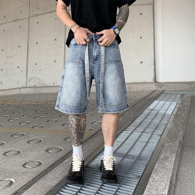 美式高街潮牌痞帅满钻牛仔短裤男