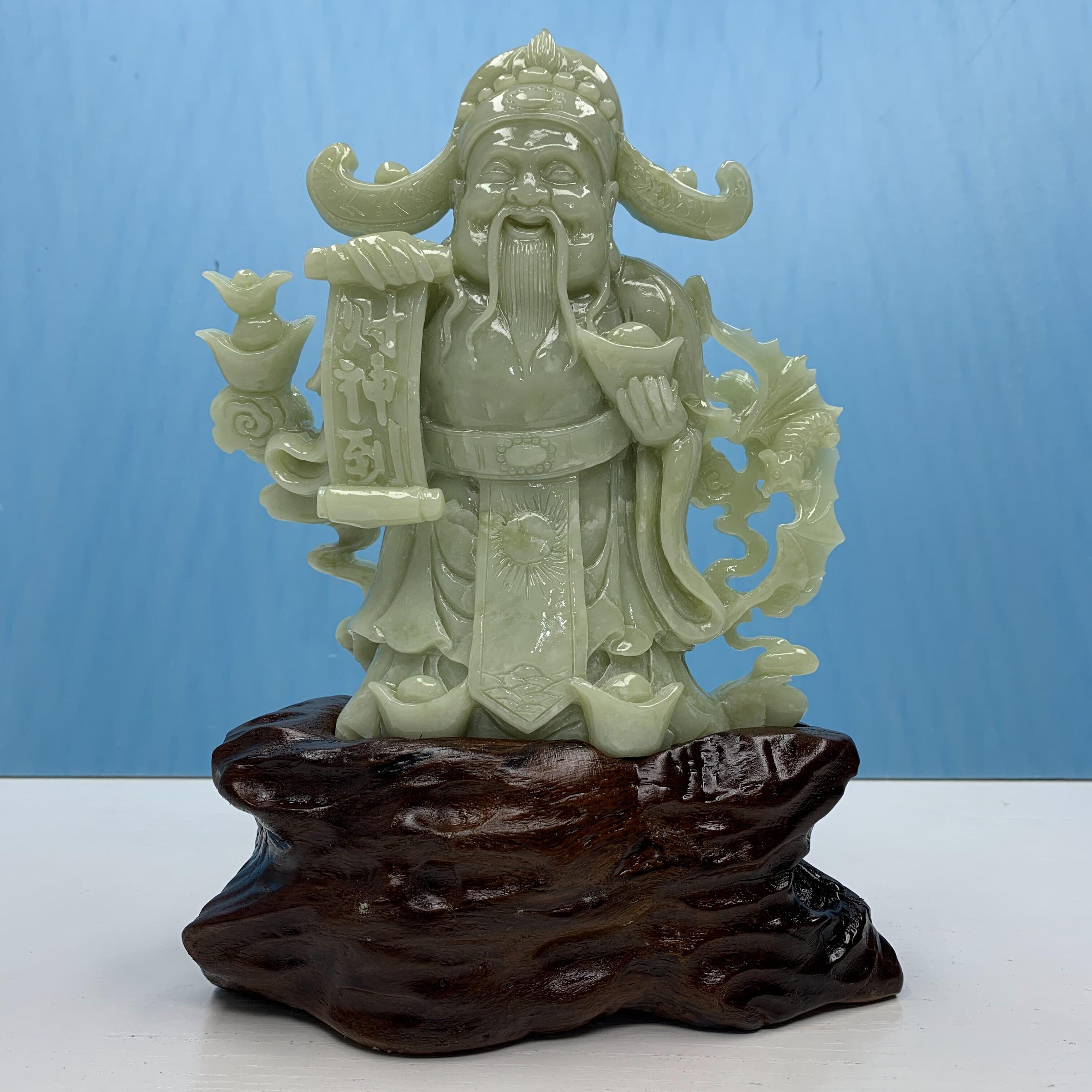 岫玉财神摆件新款天然俏色一体手工雕刻1380元起价包邮送实木底座