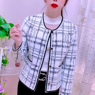 小香风圆领格子外套女秋冬新款2025气质小个子时尚针织开衫上衣