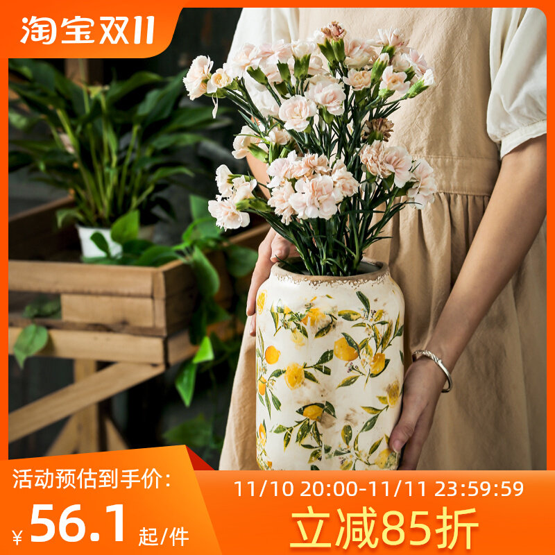 复古怀旧田园风敞口陶瓷花瓶摆件客厅插花大口径创意民宿桌面装饰
